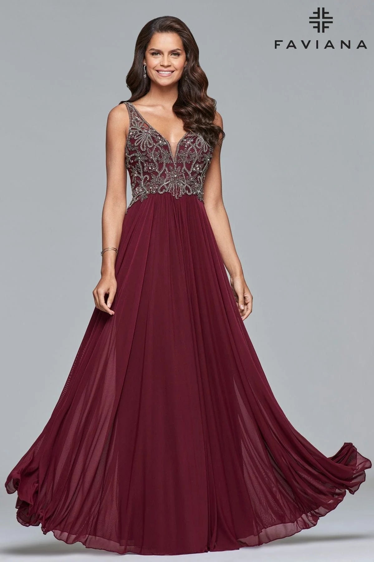 V Neck Floor Length Prom Dress Faviana