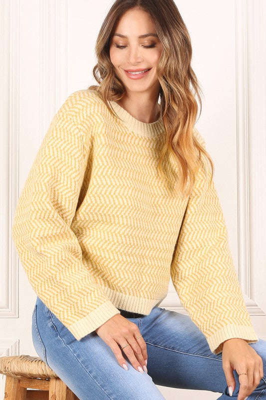 Yellow Herringbone Pattern Crew Neck Sweater