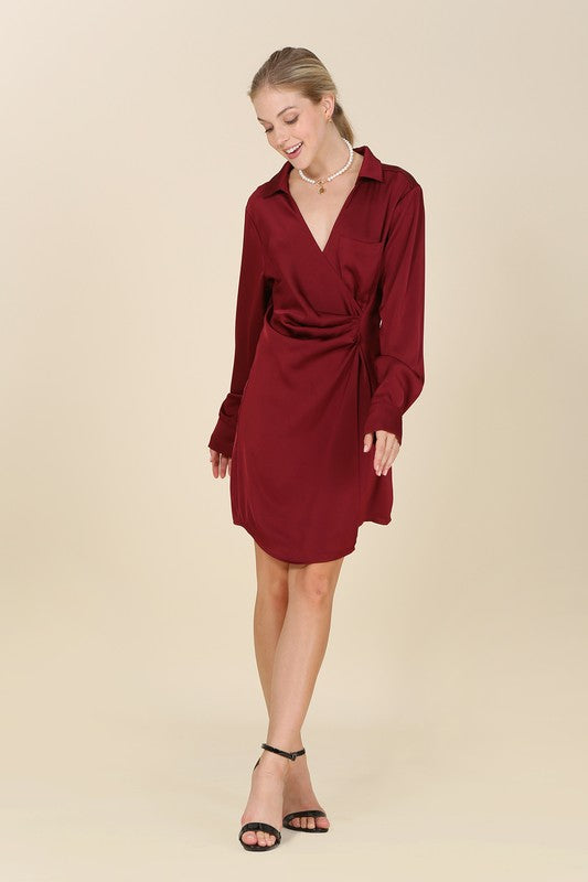 Wine Satin Wrap Mini Dress