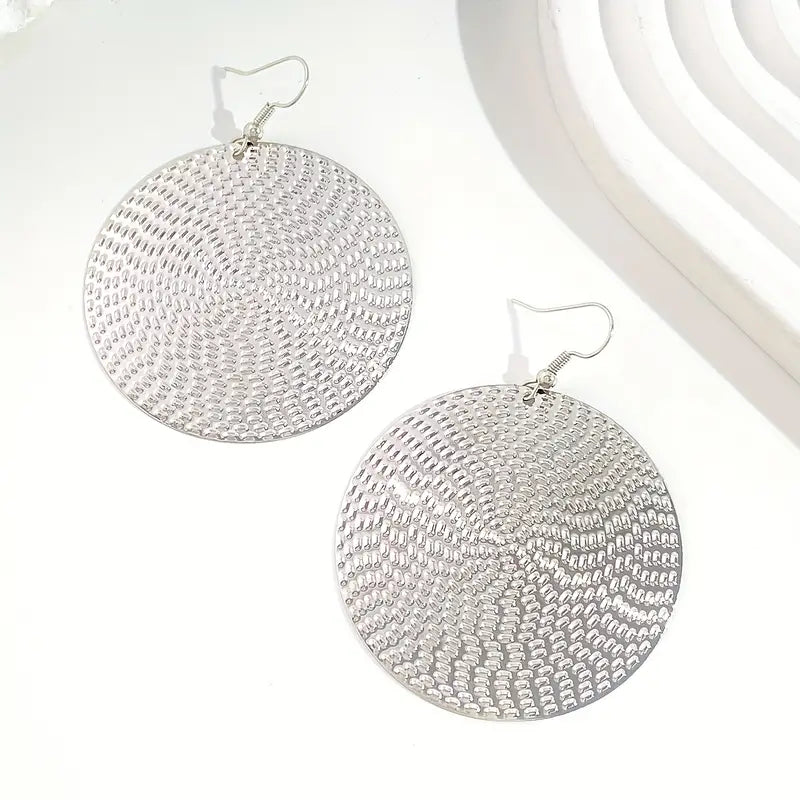 Silver Round Textured Disc Earrings