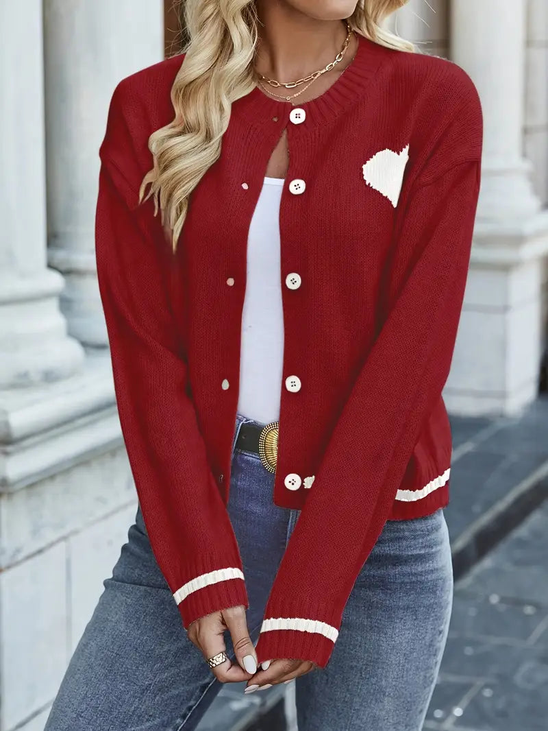 Red Knitted Cardigan Sweater with White Heart Detailing 