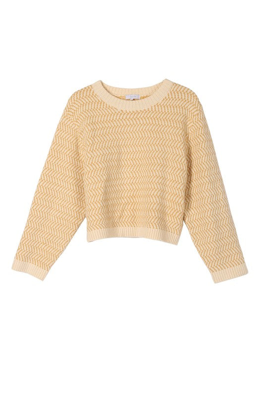 Yellow Herringbone Pattern Crew Neck Sweater