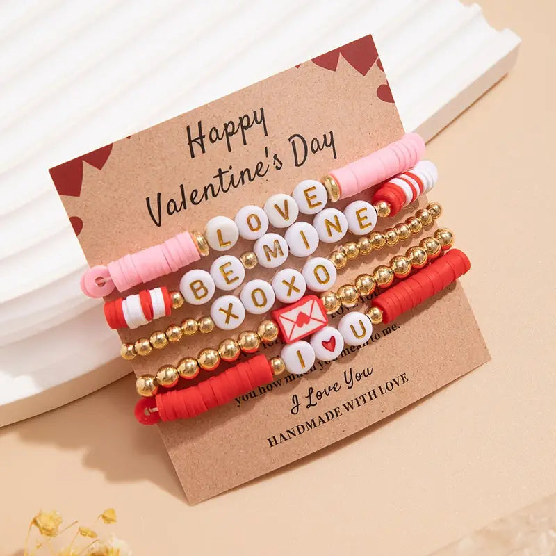 Red, Pink, and Gold Valentines Beaded Bracelet Set