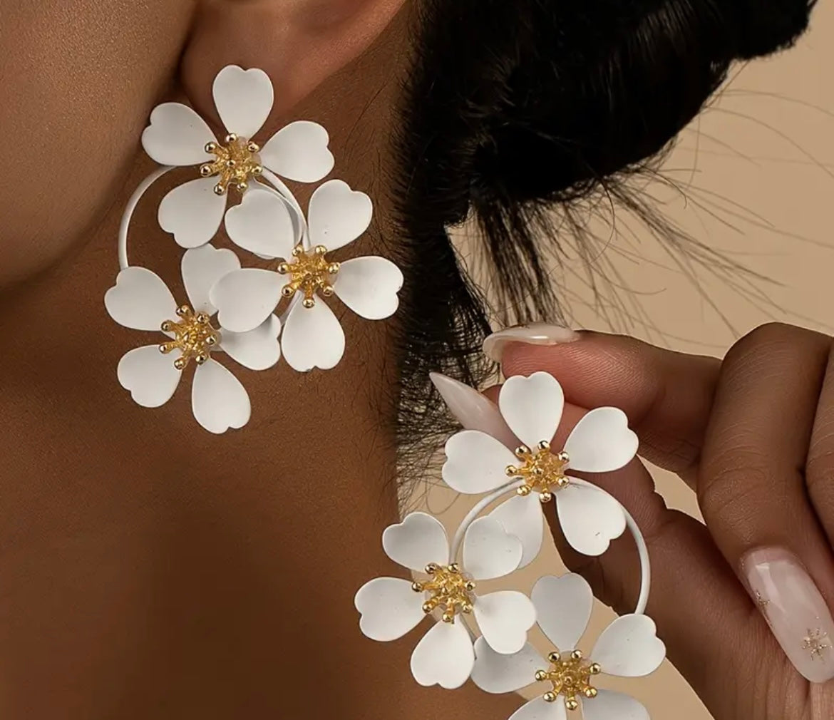 White and Gold Floral Hoop Earrings