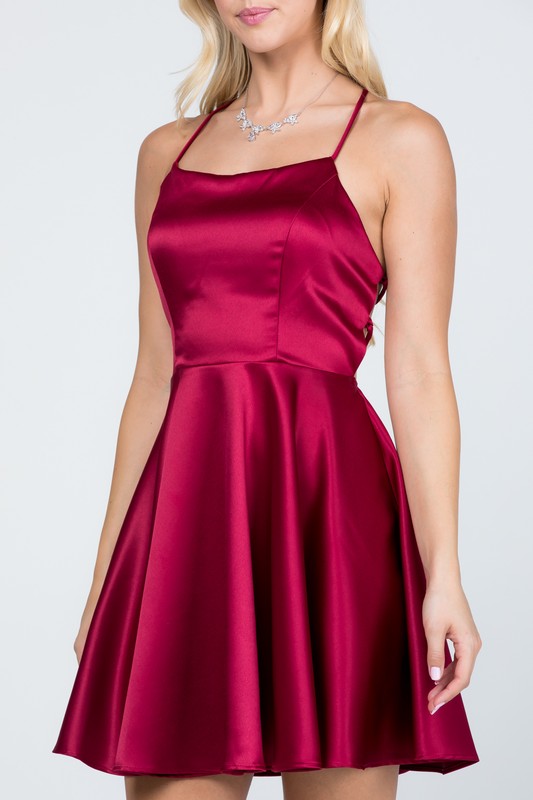  Red Satin Fit and Flare Dress with Lace Up Back