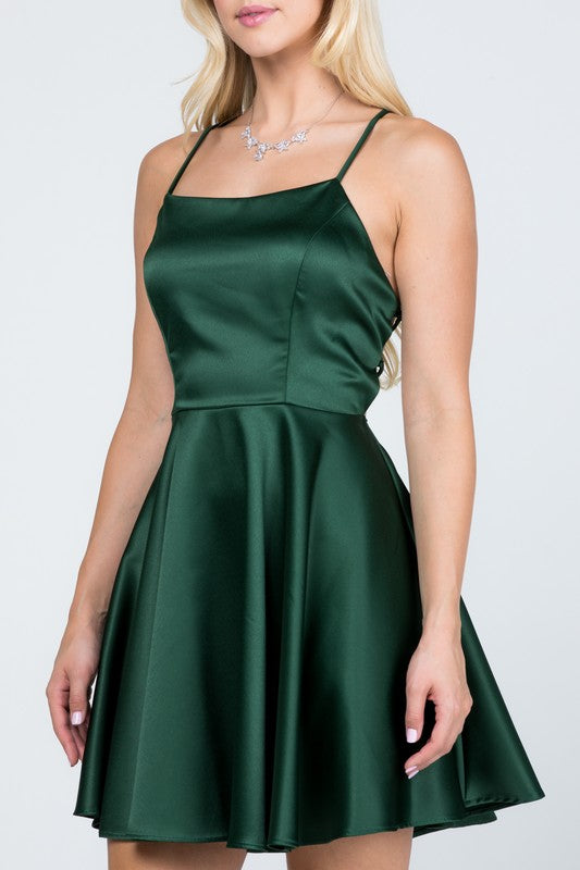   Green Satin Fit and Flare Dress with Lace Up Back