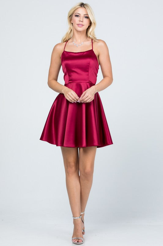  Red Satin Fit and Flare Dress with Lace Up Back