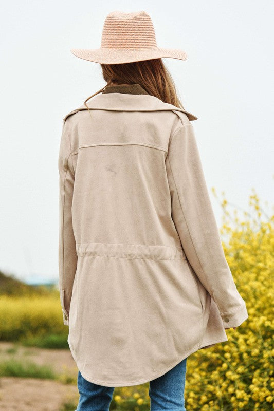 Beige Suede Drawstring Shacket 