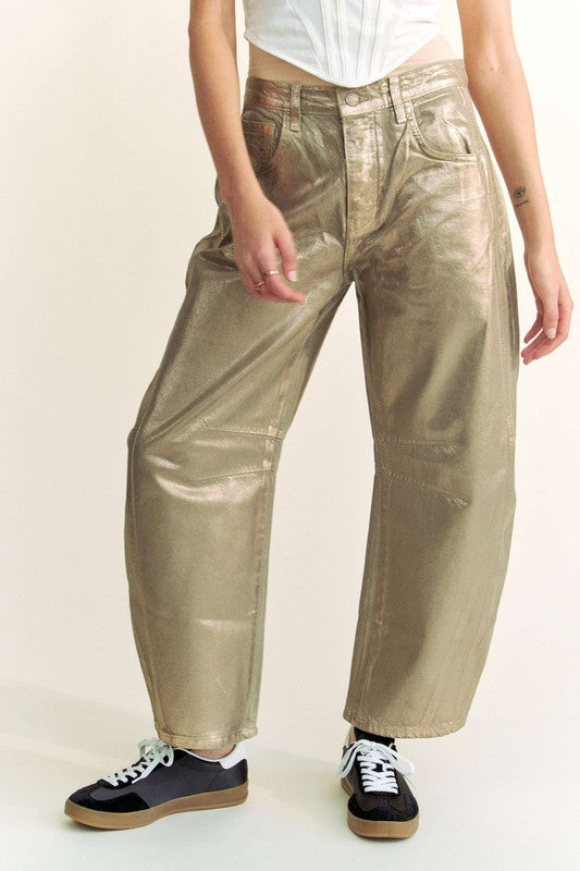 High Waist Gold Foil Barrel Jeans