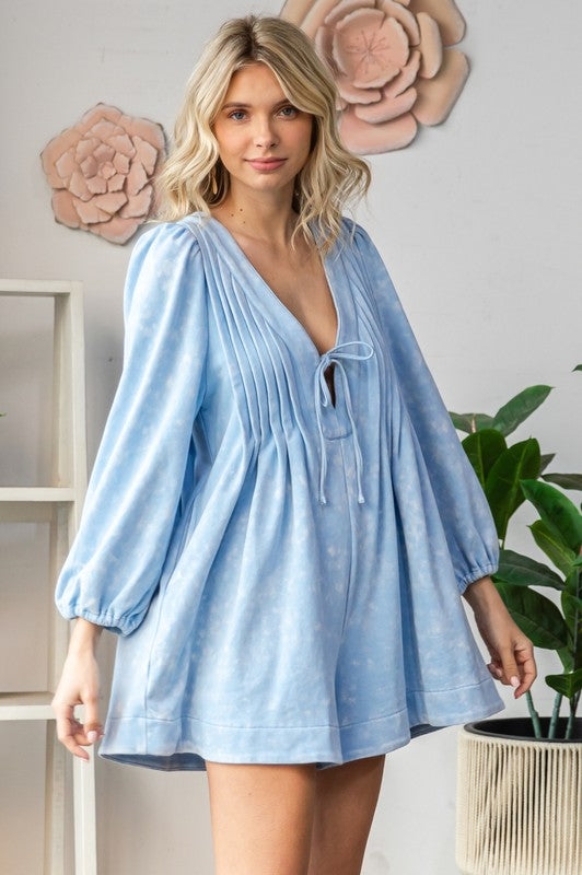 Powder Blue Long Sleeve Romper Dress with Pockets