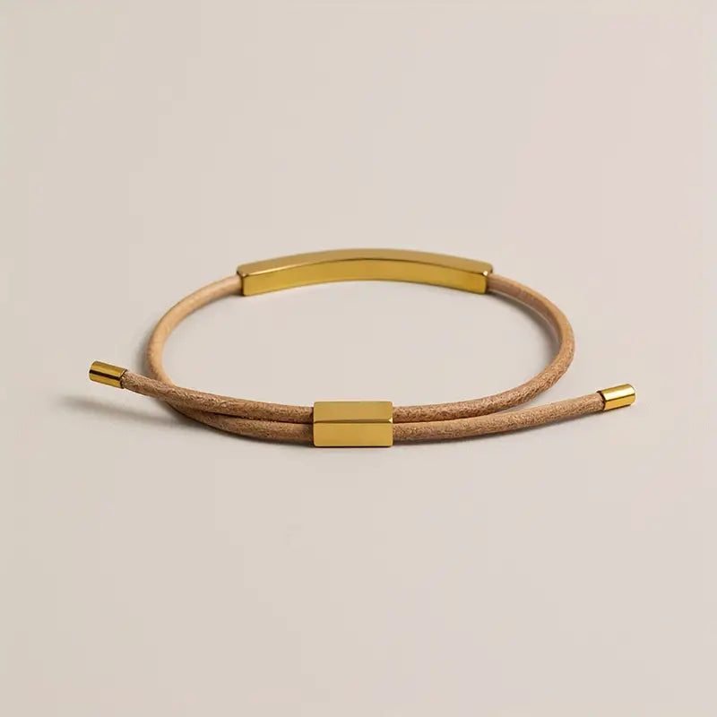 Beige and Gold Leather Adjustable Bracelet