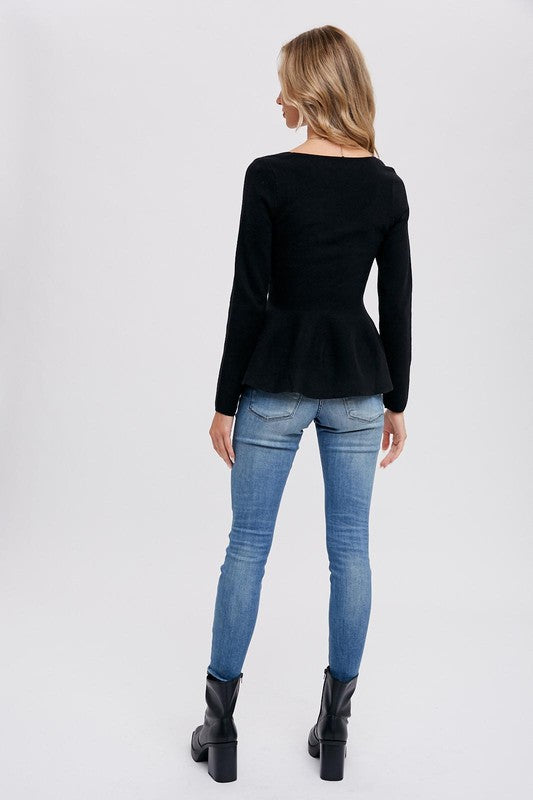 Black Square Neck Peplum Sweater Top