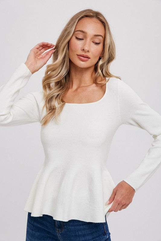 Ivory Square Neck Peplum Sweater Top