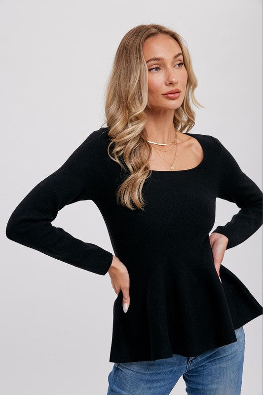 Black Square Neck Peplum Sweater Top