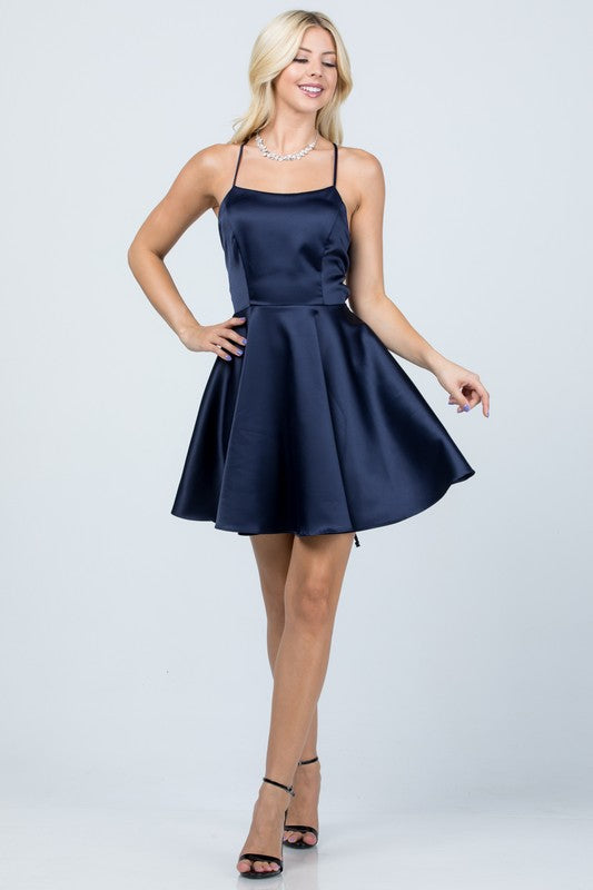  Navy Satin Fit and Flare Dress with Lace Up Back