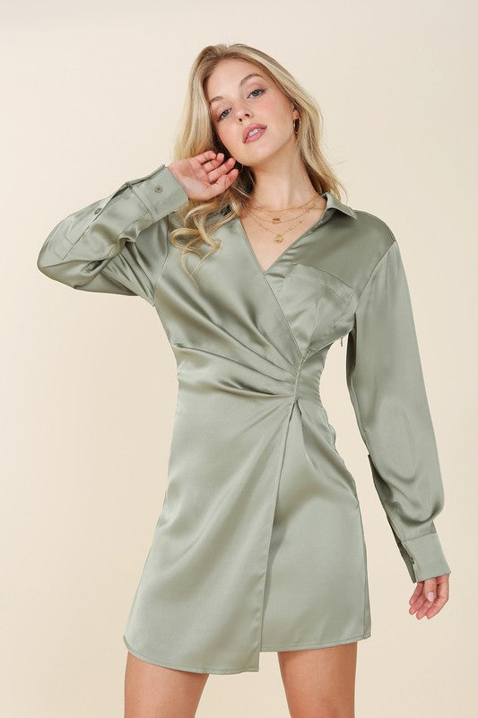 Sage Satin Wrap Mini Dress