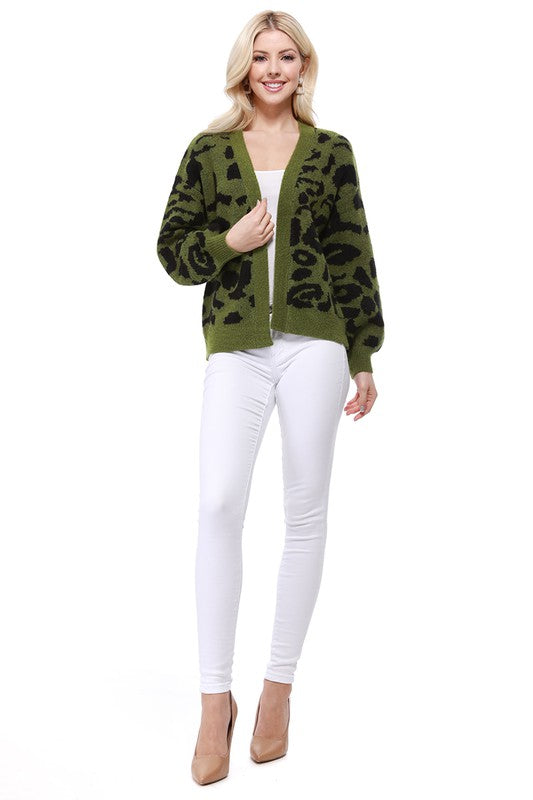 Green/Black Leopard Print Cardigan