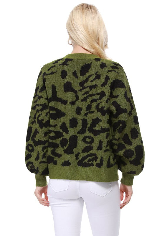 Green/Black Leopard Print Cardigan