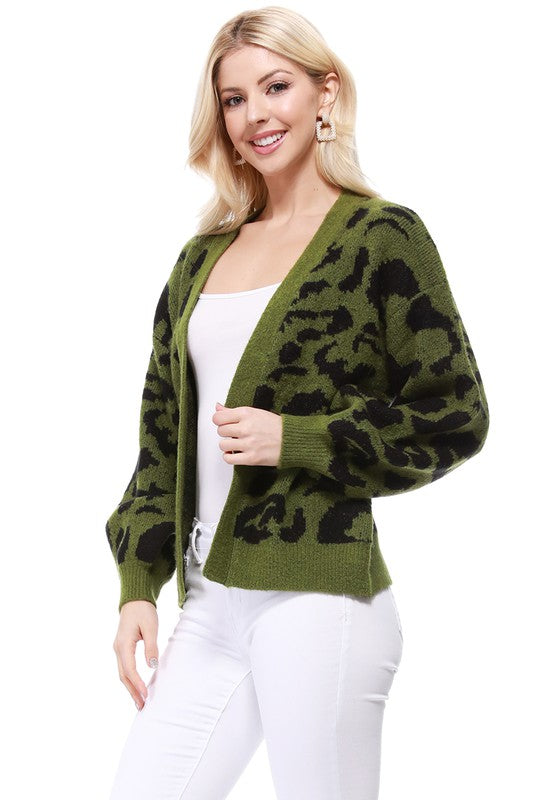 Green/Black Leopard Print Cardigan