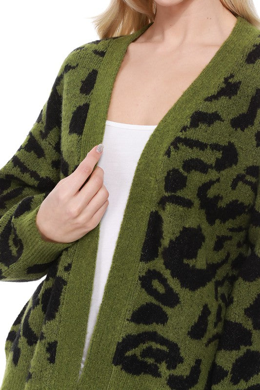 Green/Black Leopard Print Cardigan