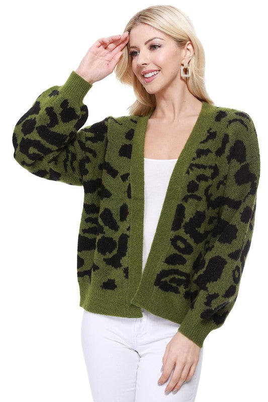 Green/Black Leopard Print Cardigan