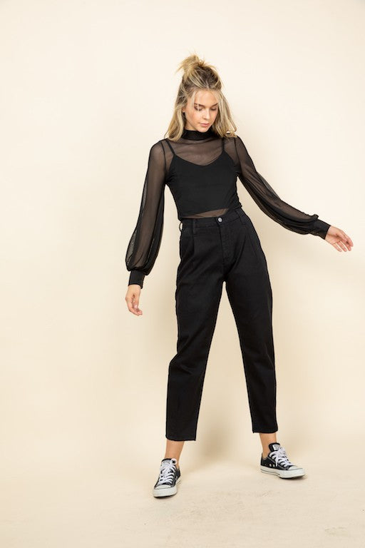 Black Sheer Mock Neck Bubble Sleeve Top