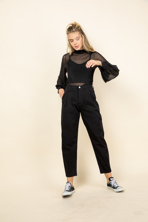 Black Sheer Mock Neck Bubble Sleeve Top