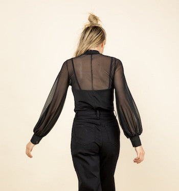 Black Sheer Mock Neck Bubble Sleeve Top