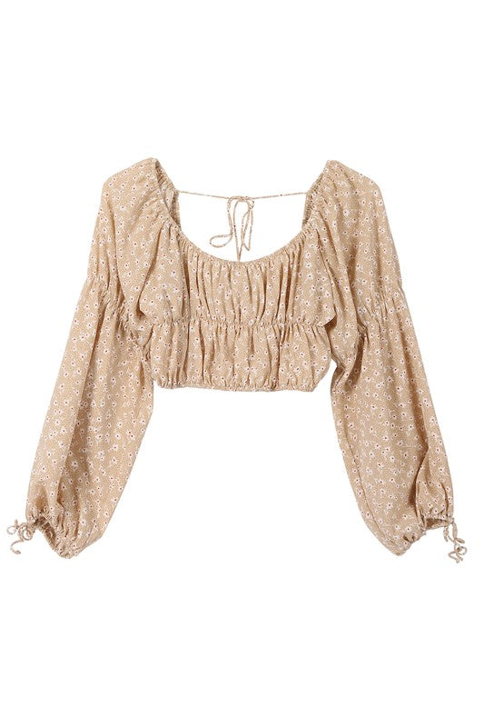 Beige Floral Long Sleeve Crop Top