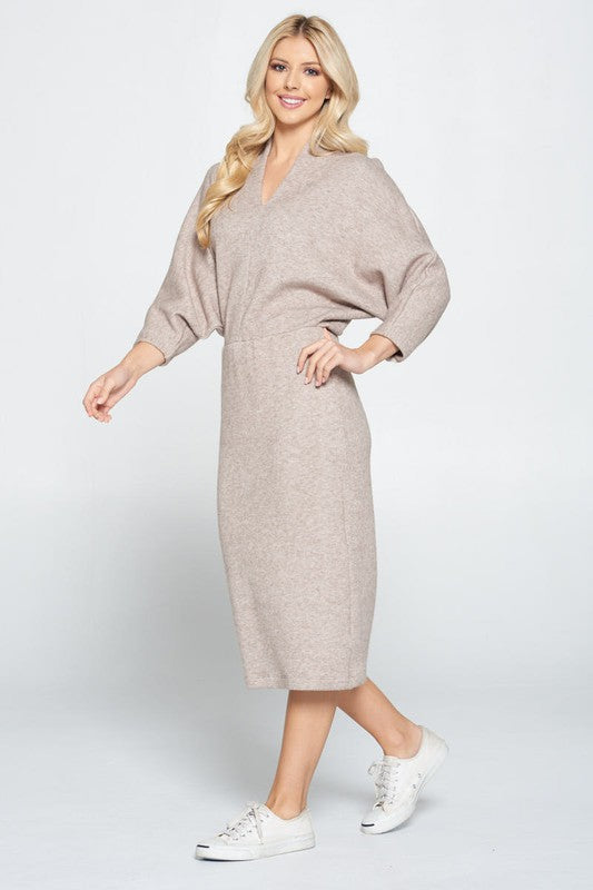 Tan Long Sleeve Knit Midi Dress