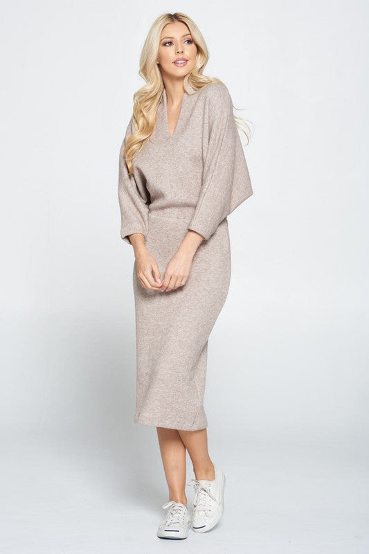 Tan Long Sleeve Knit Midi Dress