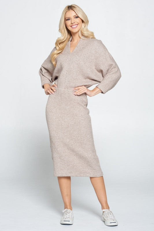 Tan Long Sleeve Knit Midi Dress