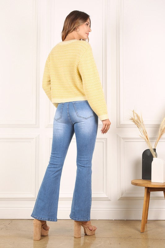 Yellow Herringbone Pattern Crew Neck Sweater