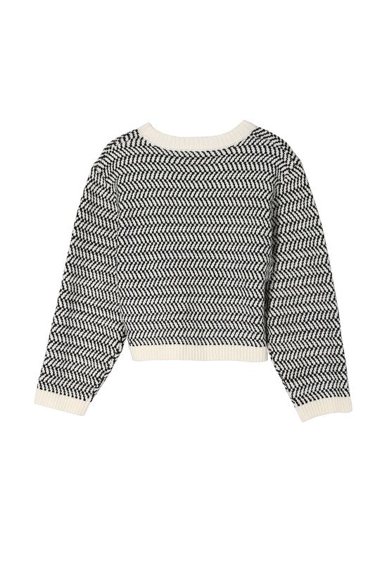  Herringbone Pattern Crew Neck Sweater