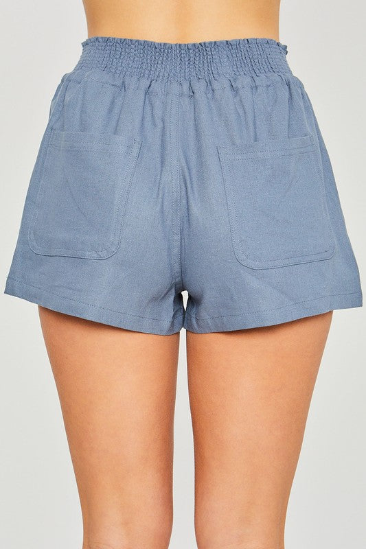 Blue Linen Nylon Shorts with Smocked Waistline Drawstring Detail