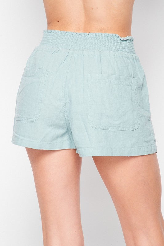 Light Blue Linen Nylon Shorts with Smocked Waistline Drawstring Detail