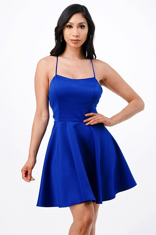  Blue Satin Fit and Flare Dress with Lace Up Back