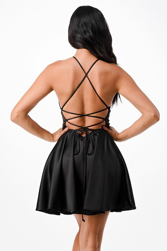  Black Satin Fit and Flare Dress with Lace Up Back