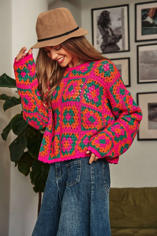 Pink Neon Multi Granny Patch Crochet Sweater 