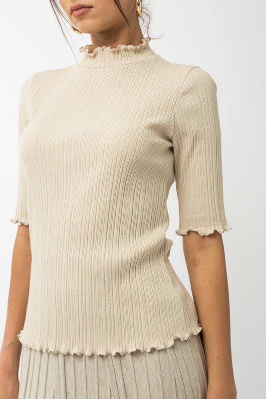 Cream Mock Neck Merrow Edge Top