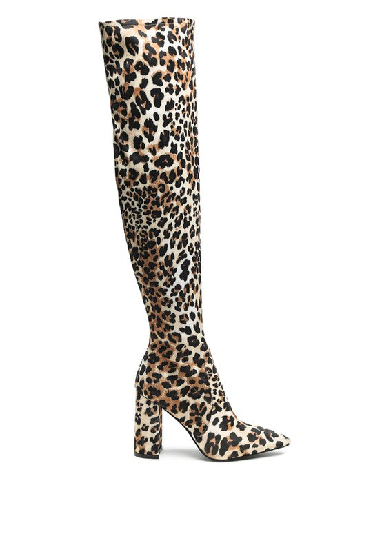 Leopard Knee High Block Heel Boots