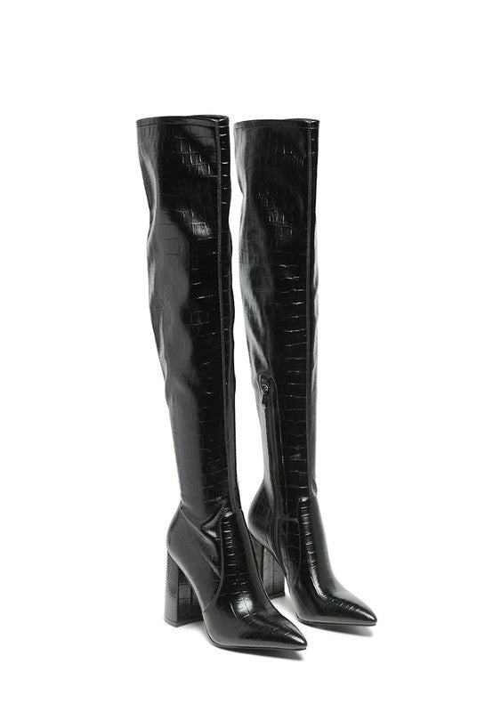 Black Knee High Block Heel Boots