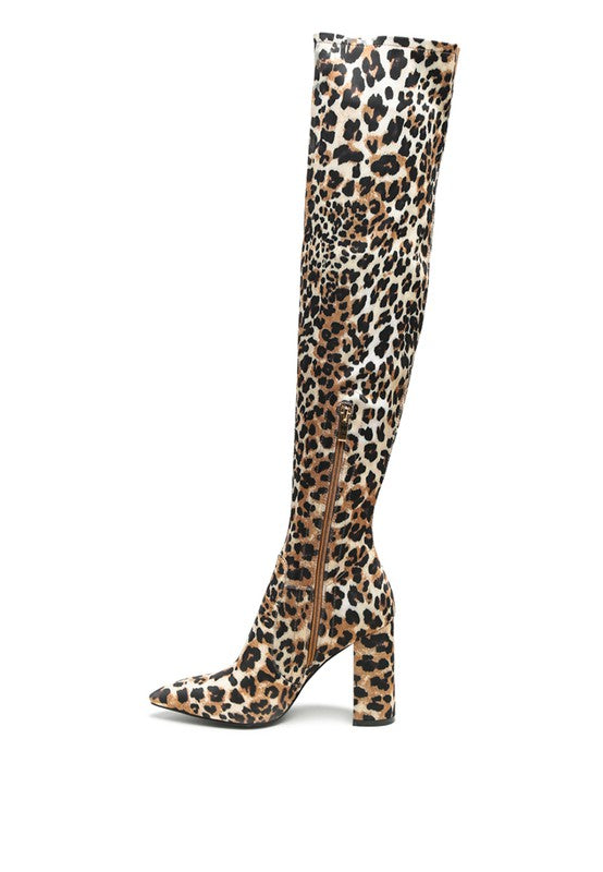 Leopard Knee High Block Heel Boots