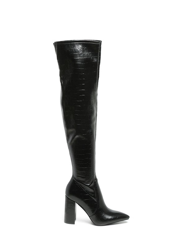 Black Knee High Block Heel Boots