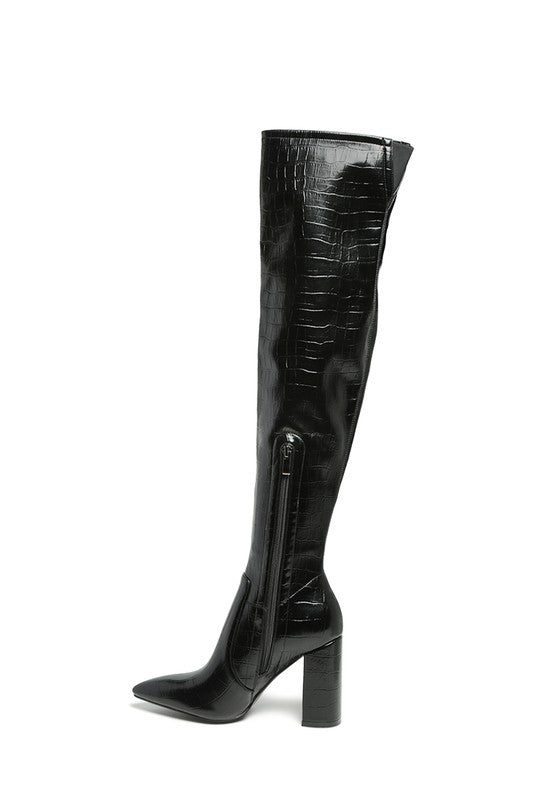 Black Knee High Block Heel Boots