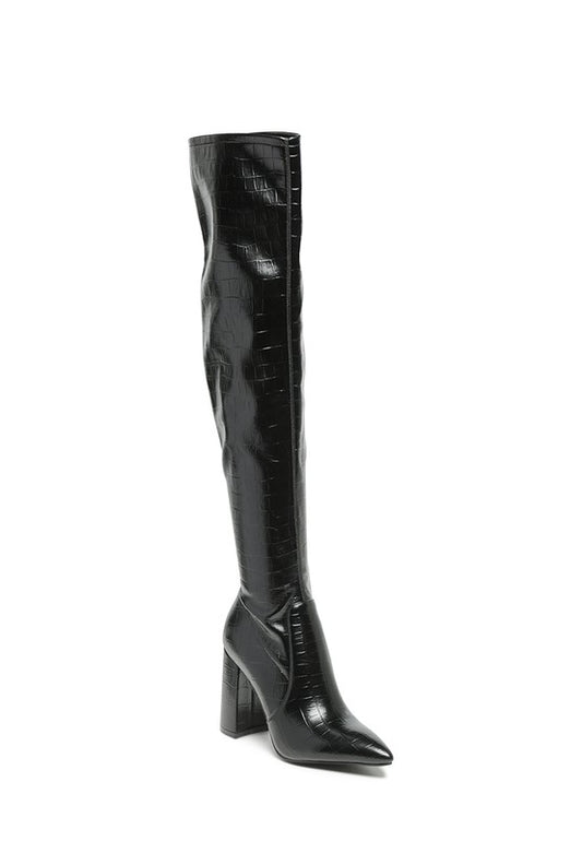 Black Knee High Block Heel Boots