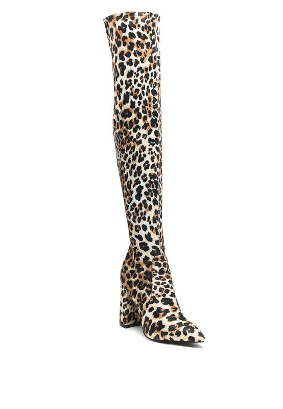 Leopard Knee High Block Heel Boots