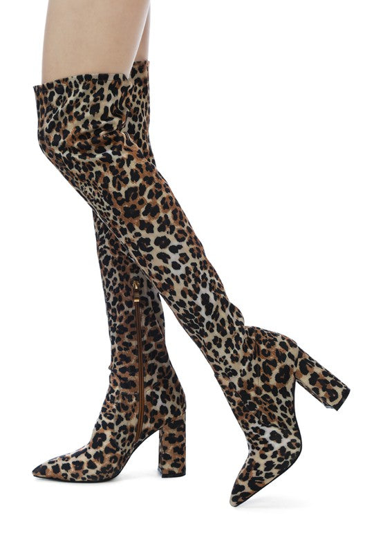 Leopard Knee High Block Heel Boots