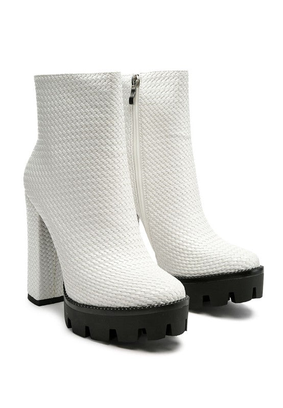 White Solid Textured Block Heeled Boot