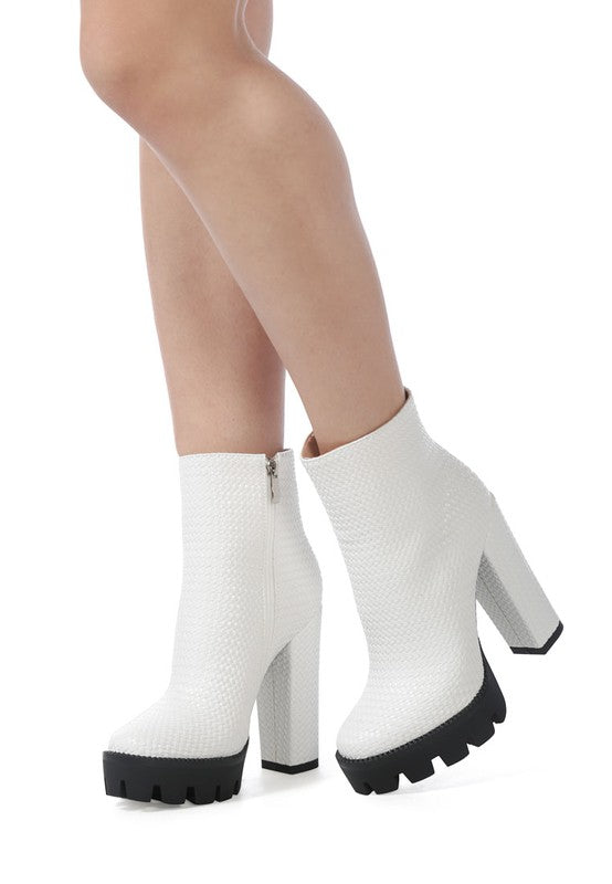 White Solid Textured Block Heeled Boot